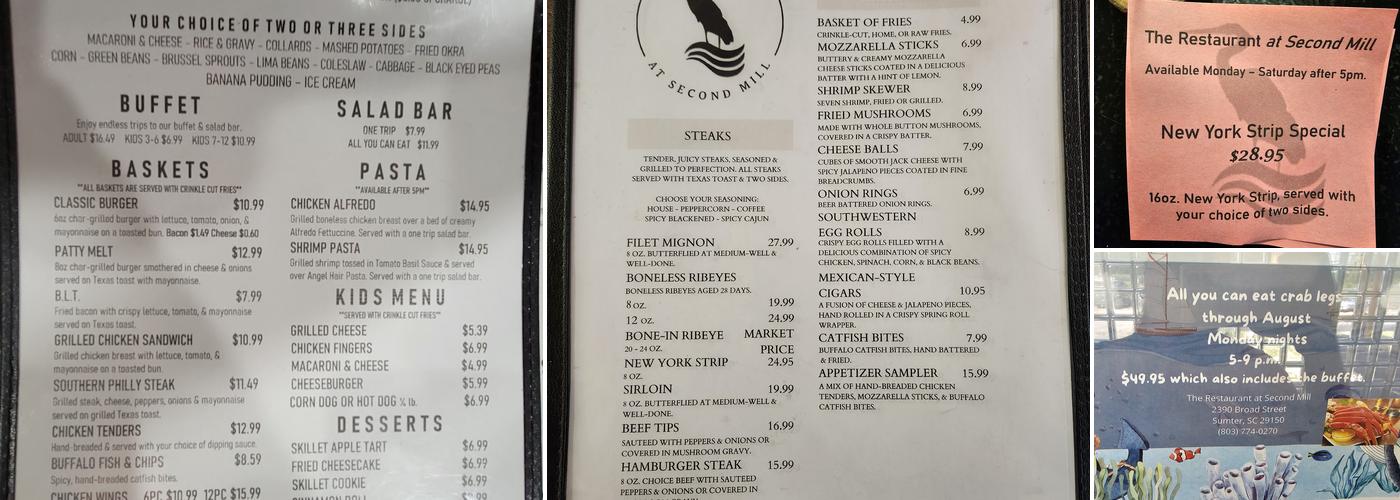 The Restaurant at Second Mill Bar and Lounge Menu