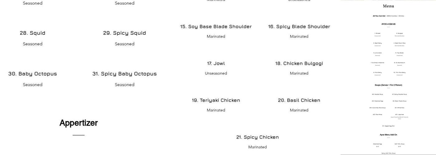 Top Chef Korean BBQ Menu