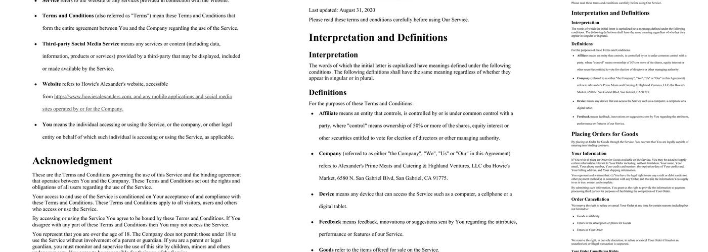 Alexanders Prime Meats and Catering Menu