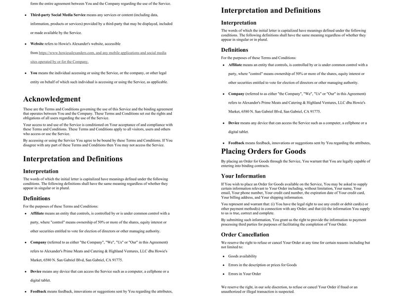 Alexanders Prime Meats and Catering Menu