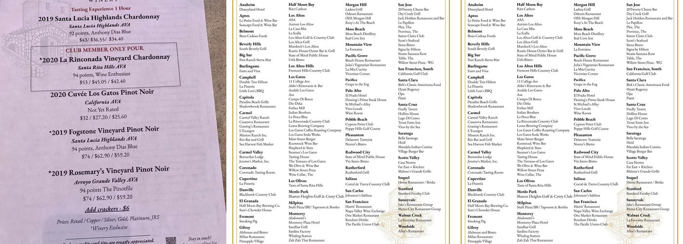 Testarossa Winery Menu