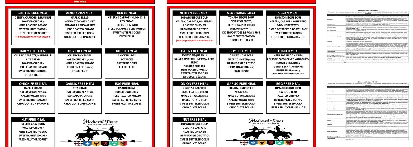 Medieval Times Dinner & Tournament Menu