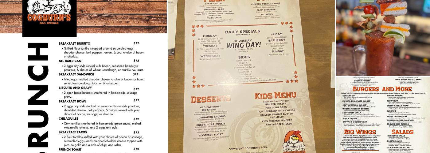 Cogburn's Big Wings Menu