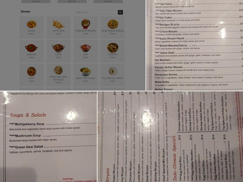 Taj Indian Restaurant And Bar Menu