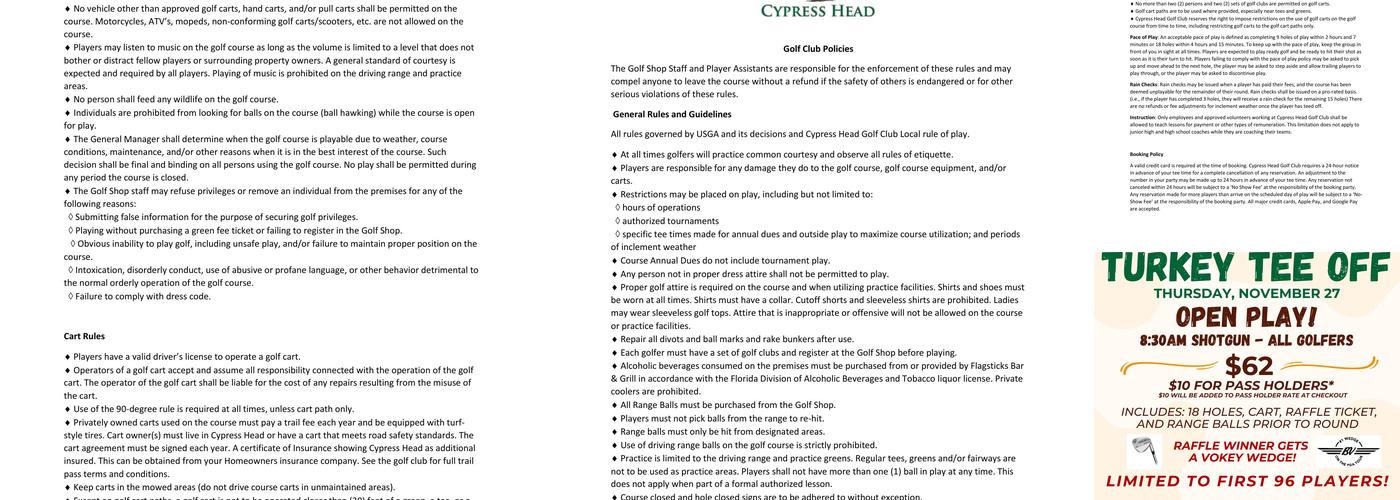 Cypress Head Golf Club Menu