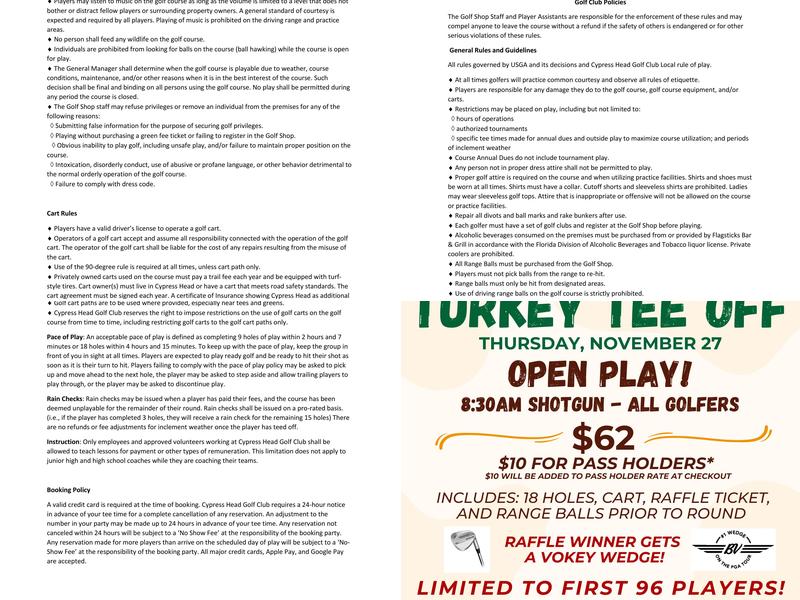 Cypress Head Golf Club Menu
