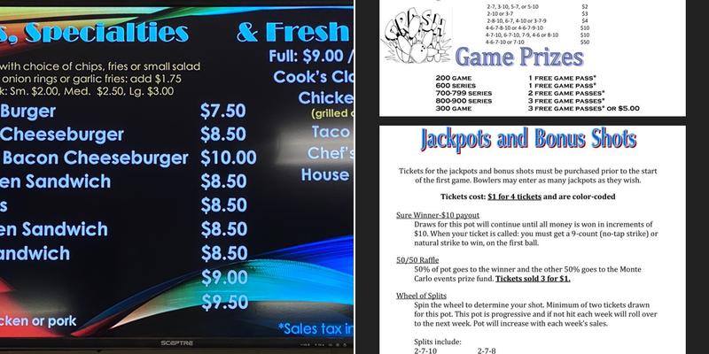 Fireside Lanes Menu