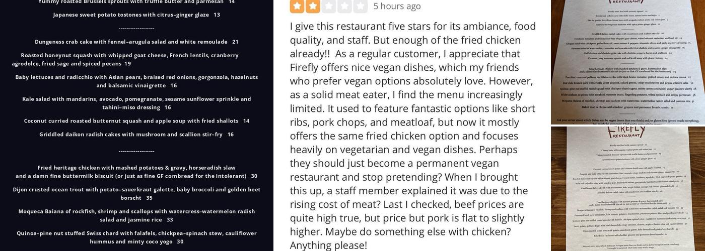 Firefly Restaurant Menu