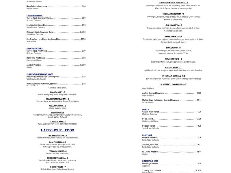 Shadow's Restaurant Menu