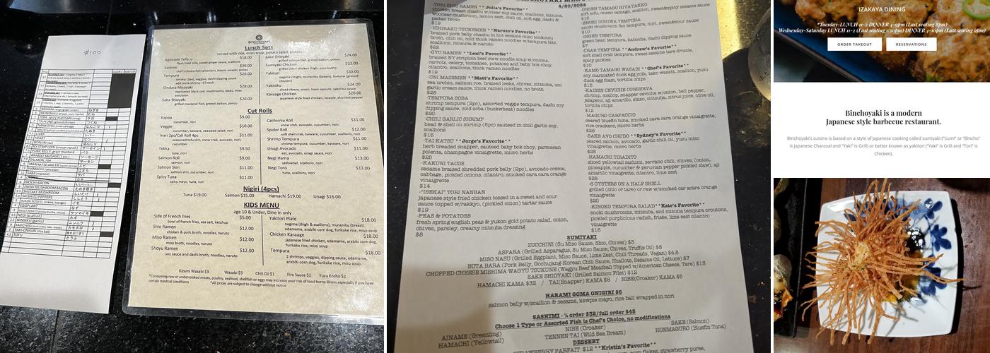 Binchoyaki Menu