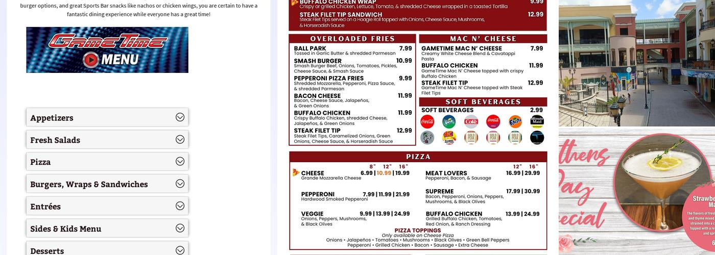 GameTime Miami Menu