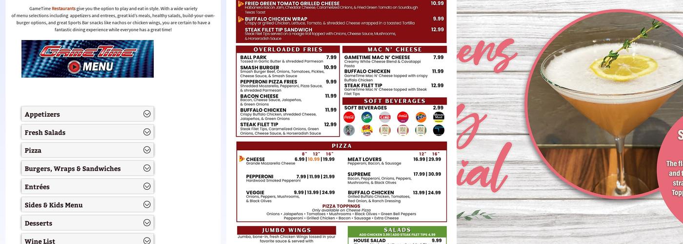 GameTime Miami Menu