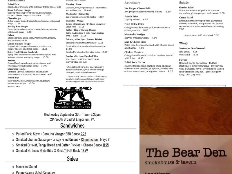 The Bear Den Smokehouse and Tavern Menu