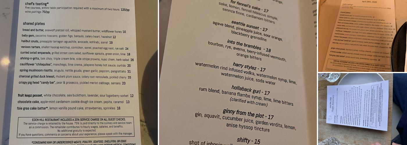 Eden Hill Restaurant Menu