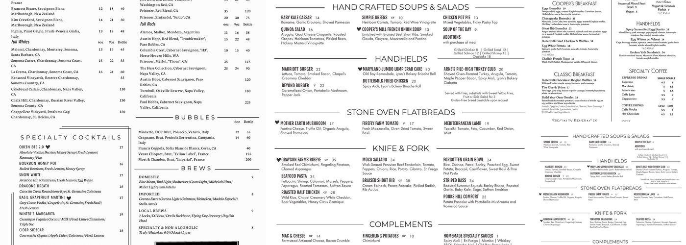 Cooper's Mill Menu