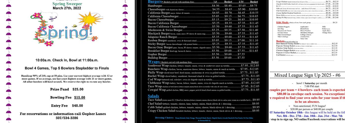 Gopher Lanes Menu