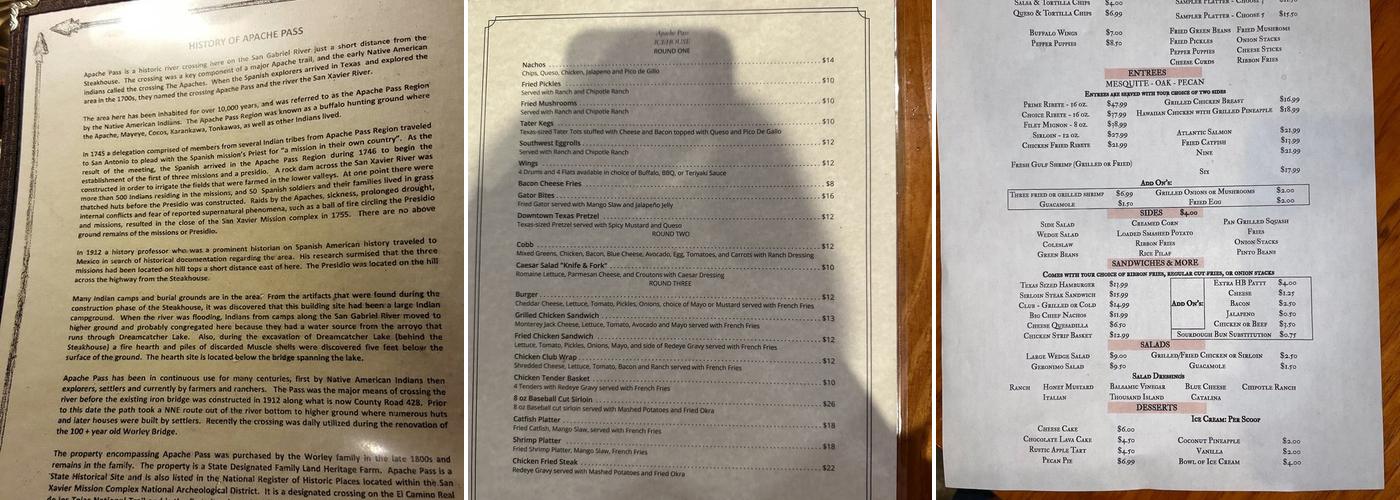 Apache Pass Event Center Menu