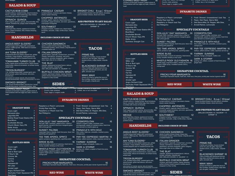 Troon North Golf Club Menu