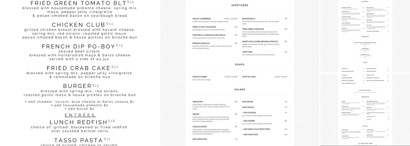 Cecelia Creole Bistro Menu