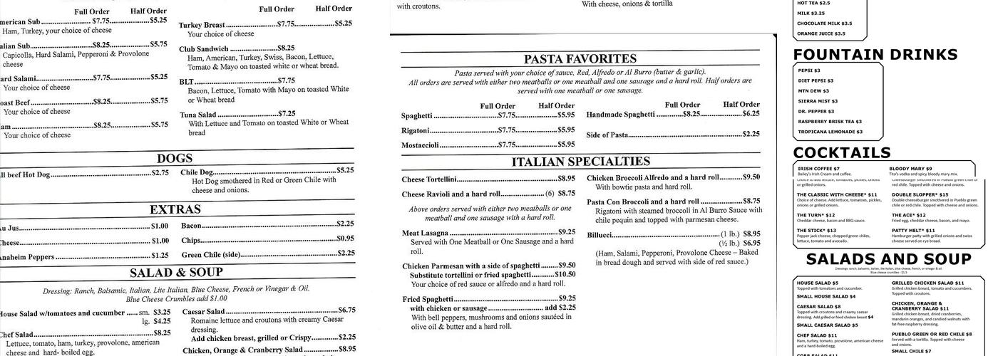 AJ's at Walking Stick Menu