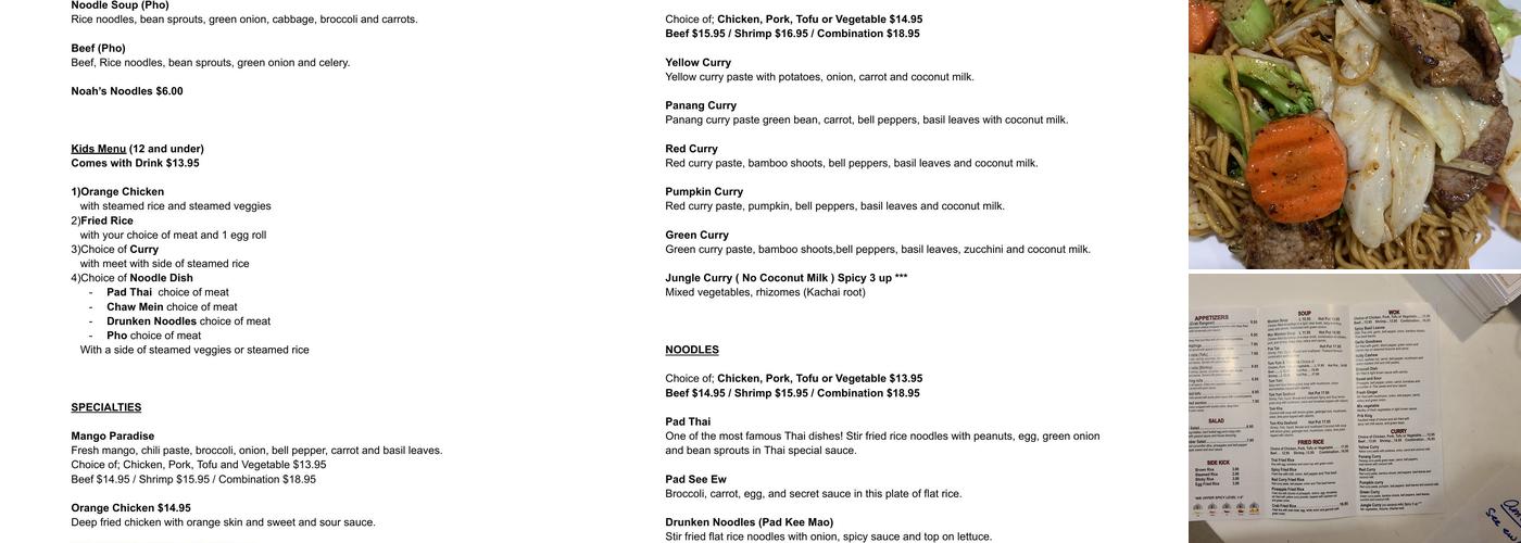 Thai Food Restaurant Menu