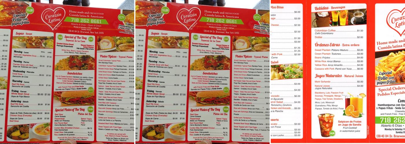Corazon Latino Menu