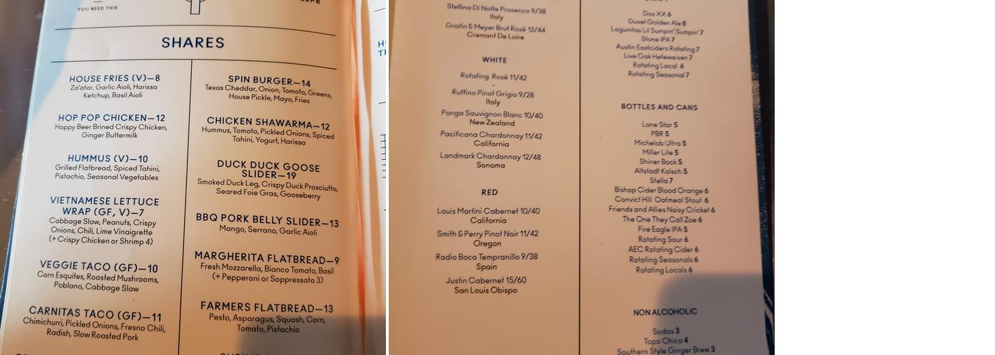 SPIN Austin Menu