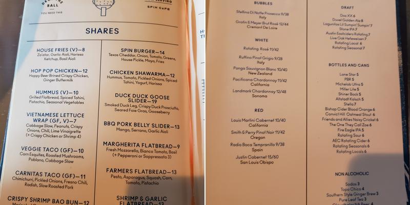 SPIN Austin Menu