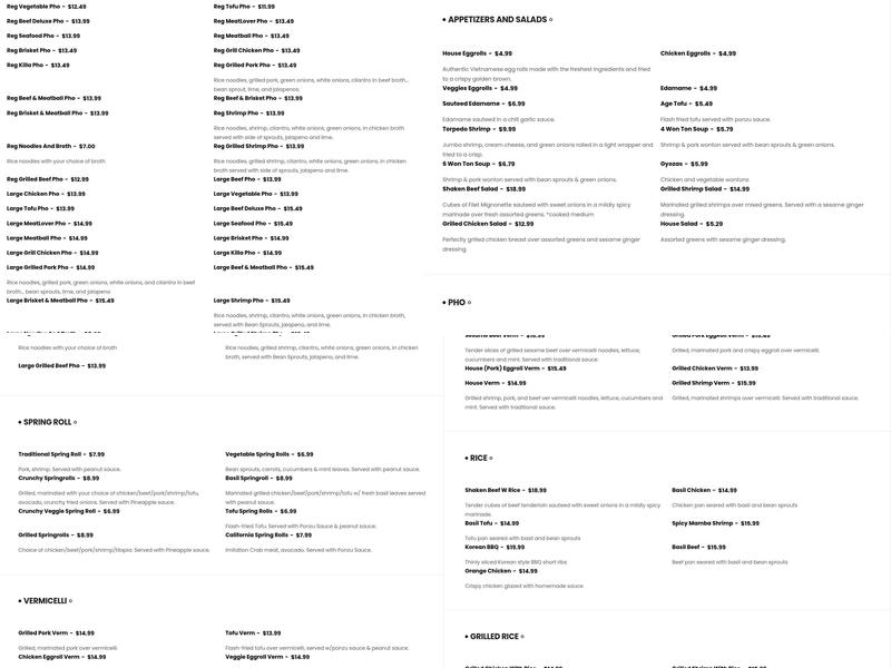 Sprout's Springroll & Pho Menu