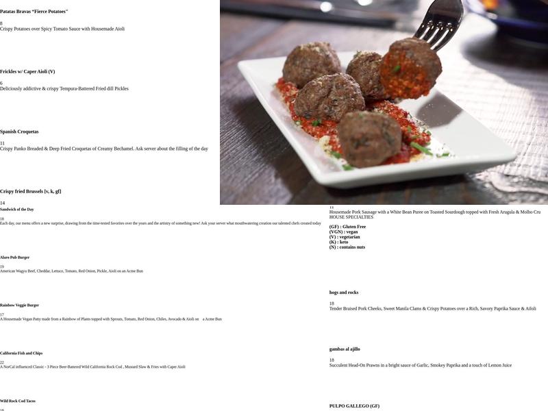 Alaro Craft Brewery, Restaurant & Cocktail Bar Menu