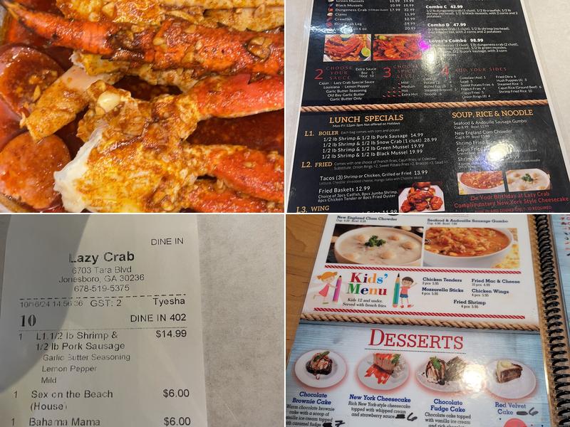 Lazy Crab, Next to Applebee's on Tara Blvd Menu