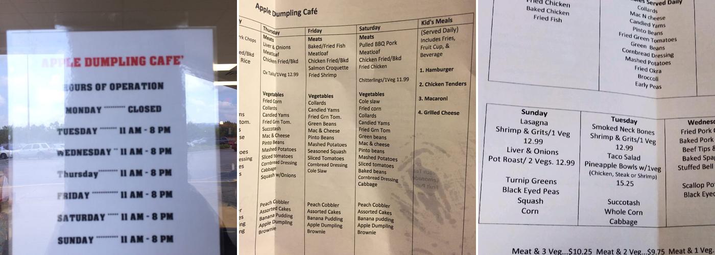 The Apple Dumpling Bar Menu