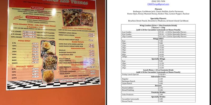Chalmette Wings and Things Menu