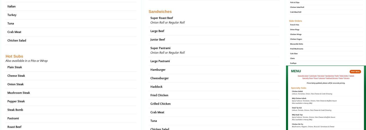 Superior Roast Beef~Pizza~Seafood Menu