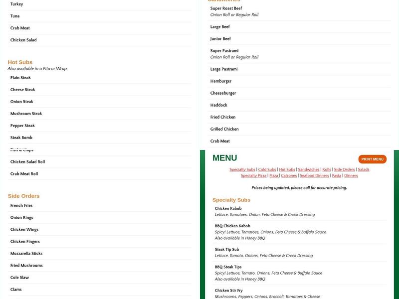 Superior Roast Beef~Pizza~Seafood Menu