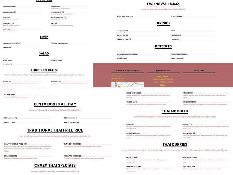 Crazy Thai Menu