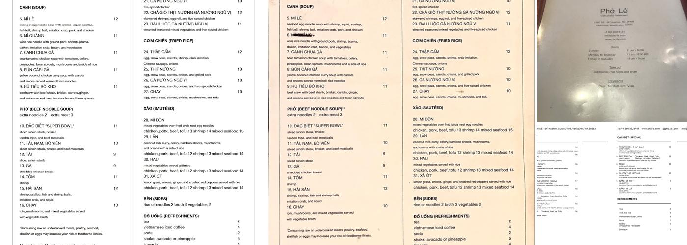 Phở Lê Menu