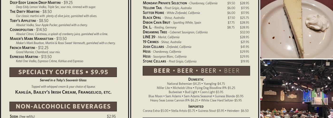 Toby's Dinner Theatre Menu