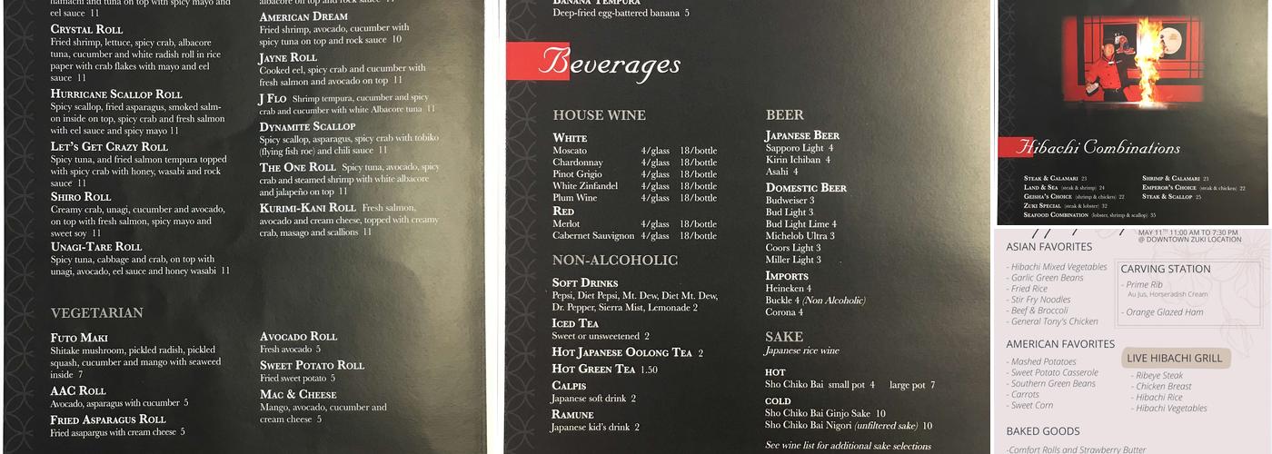 Zuki Hibachi Grill & Sushi (Zuki East) Menu