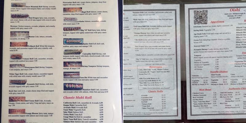 Oishi Japanese Restaurant Menu