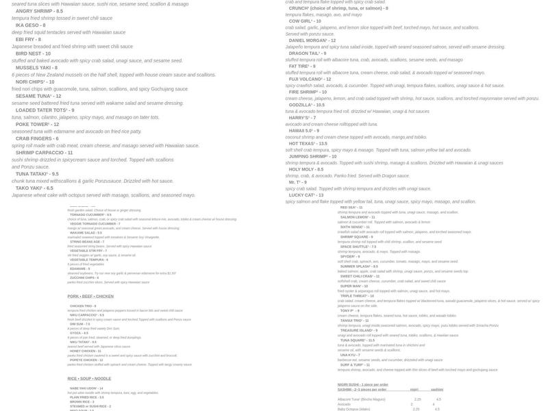 Irashiai Sushi Pub Japanese Menu