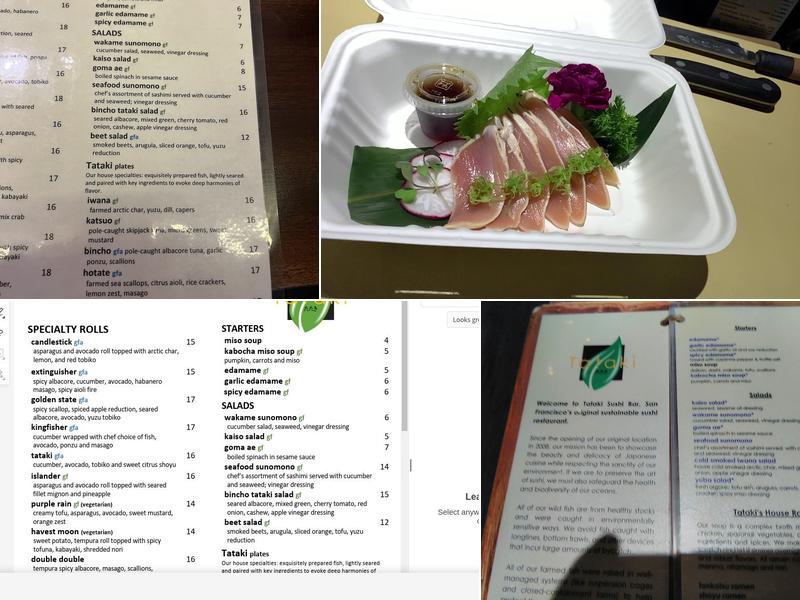 Tataki Sushi and Sake Bar Menu