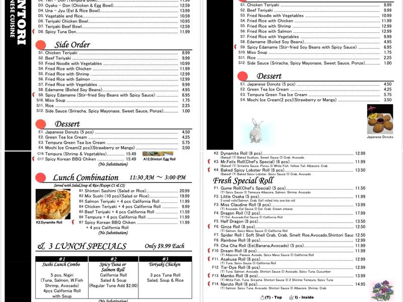 Shintori Sushi Menu