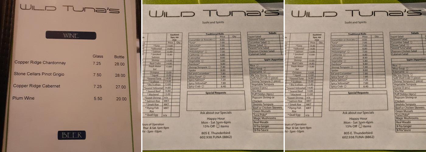 Wild Tunas Menu