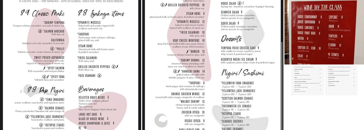 Pop Sushi Menu
