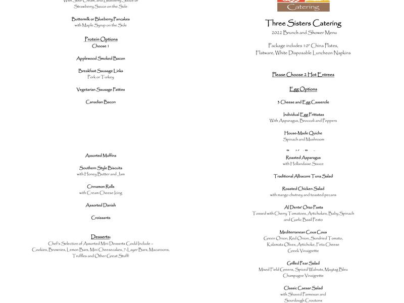 Three Sisters Catering Menu