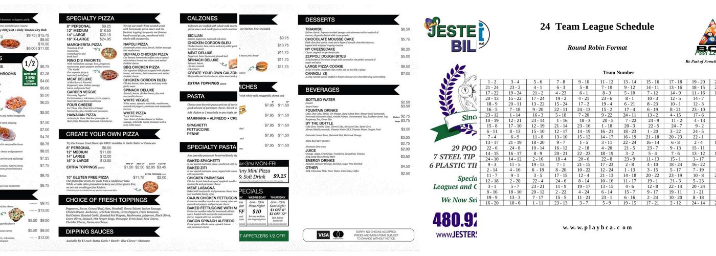 Jester's Billiards Menu