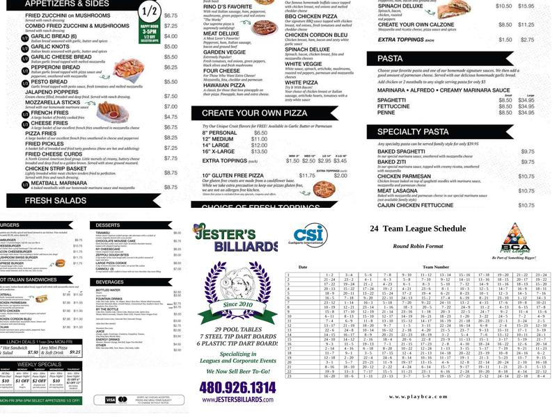 Jester's Billiards Menu