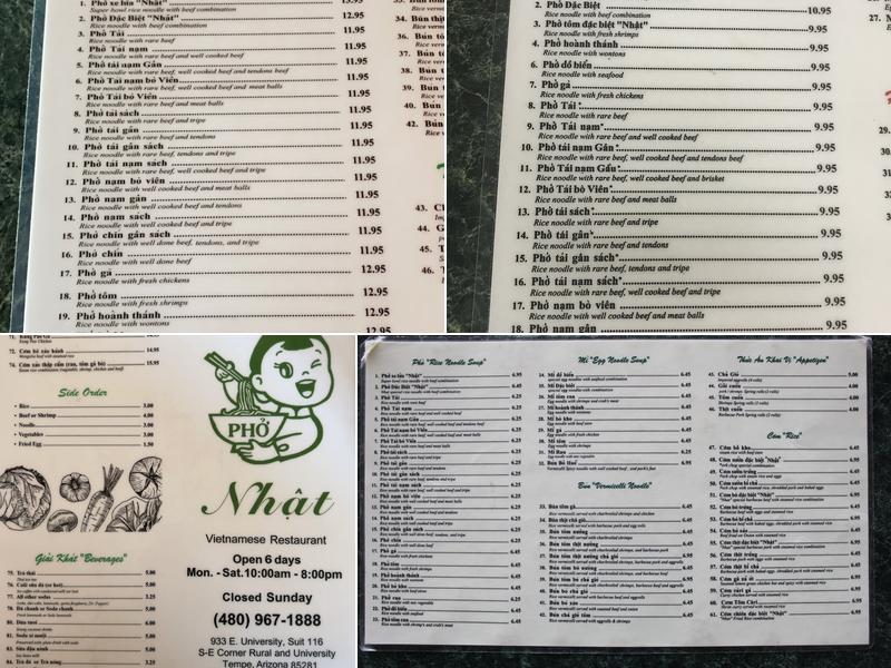 Phở Nhật Restaurant Menu