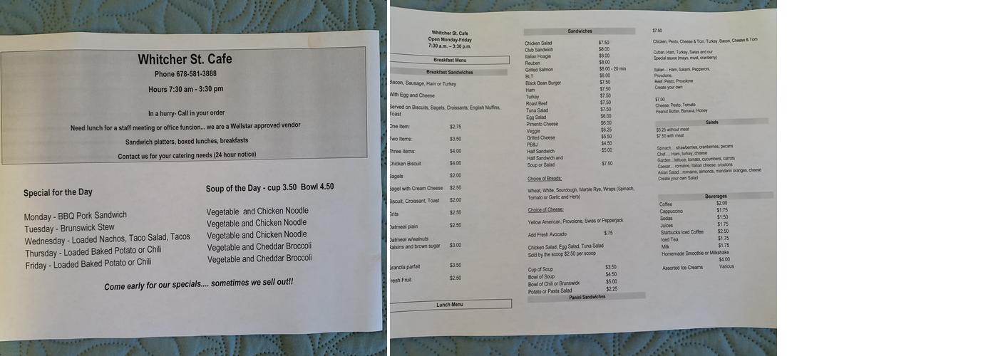 Whitcher Street Cafe Menu